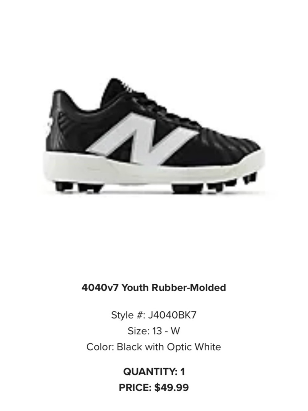 New Balance Black and White Baseball or T-ball cleats (kid/boys 13 wide)